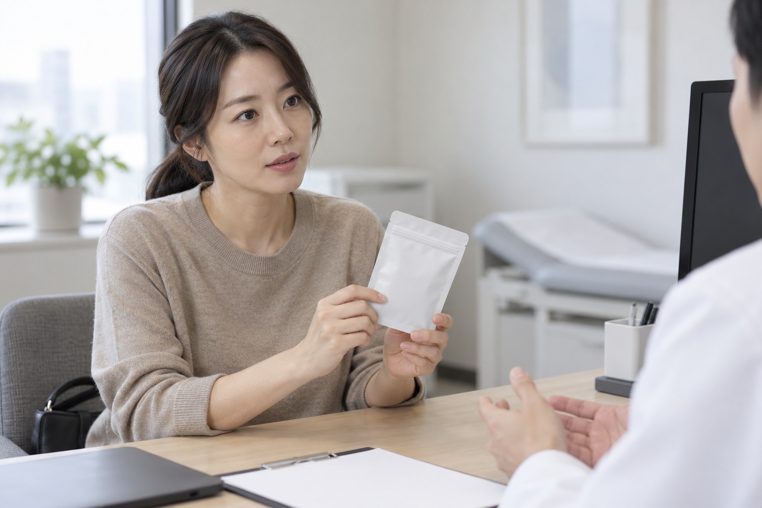 복용 중인 제품 정보를 상담에서 전달하는 모습을 표현한 AI 이미지